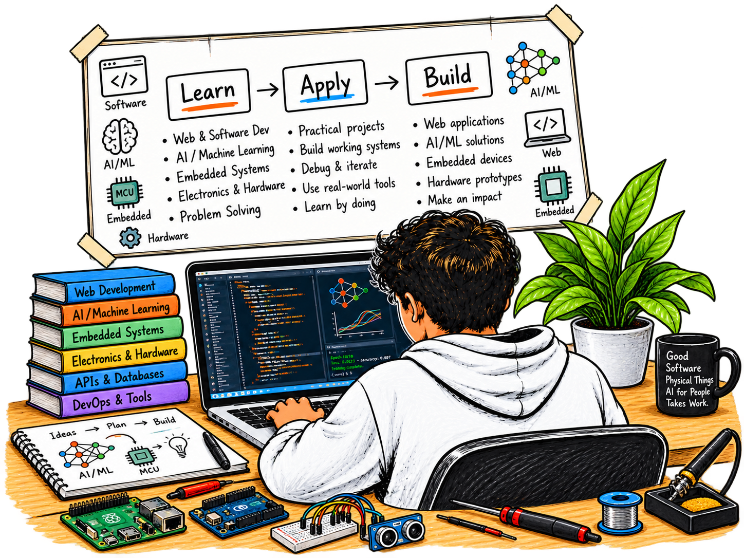 Developer building software in a workshop, with a Learn, Apply, Build diagram